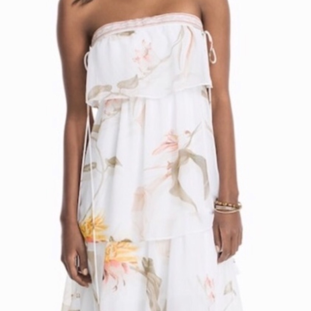 WHBM petite strapless floral tiered maxi dress, LP